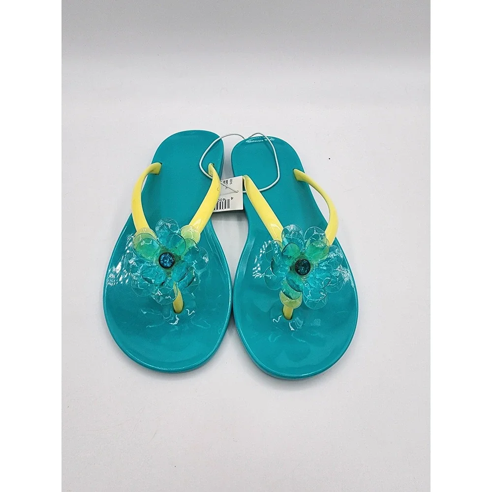 Sea Turquoise Yellow Flower Jelly Flip Flop Sandals Size 12